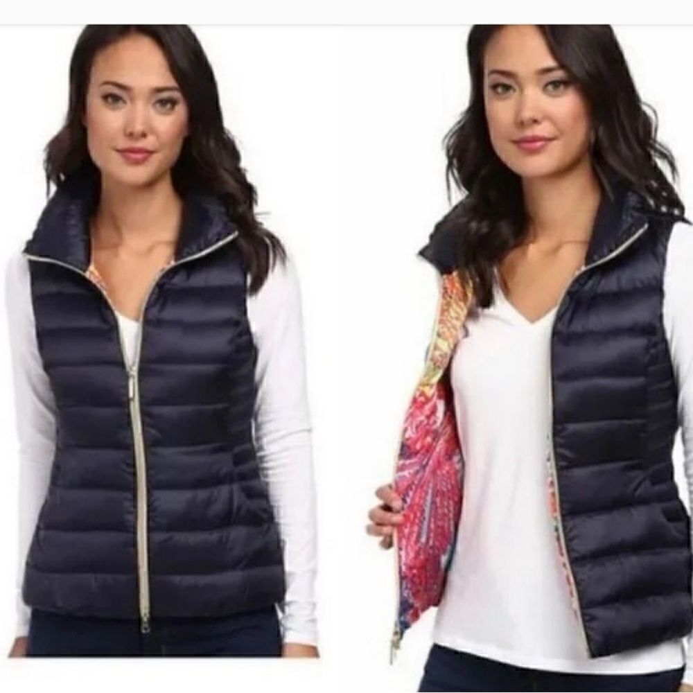 Lilly Pulitzer Allie Packable Down Puffer Jacket Vest Navy Medium